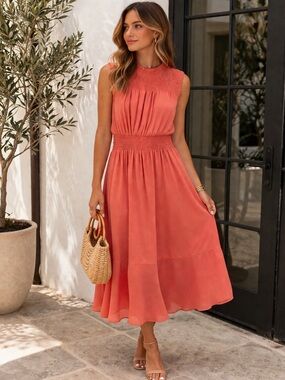 Nanette Lepore Light Flamingo Chiffon Smocked Waist Dress Size 8